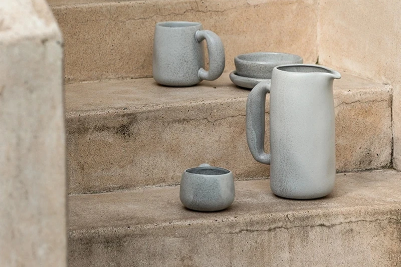 Earthenware Ceramics On Steps Retro Organic Style Mugs And Drink Pitcher With Chunky Handle Design Beverageware For Serving Drinks