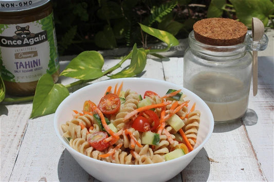 Veggie Pasta Salad Recipe With Once Again Non-GMO Sesame Seed Creamy Tahini Dressing