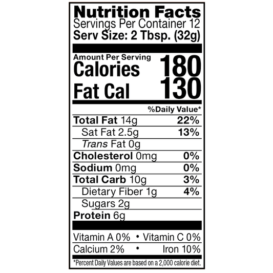 Artisana Organics Raw Cashew Butter 14 Ounce Nutrition Facts Label
