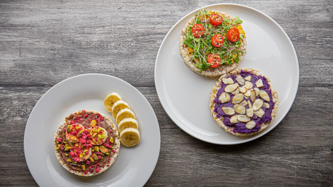Colorfully Topped Organic Brown Rice Cakes Lundberg Family Farms Puffed Brown Rice Cake Snacks