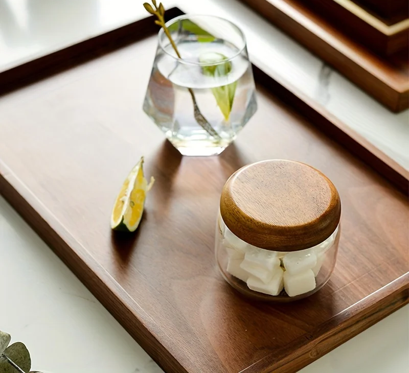 Beautiful Tray Walnut Wood Rectangular Shape Trays For Drinks And Decor With Nordic Style Fractal Glass And  Wilder Collection Food Jar
