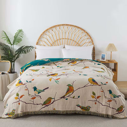 Bedroom Decor With Colorful Bird Pattern Blanket Cotton Reversible Bedding