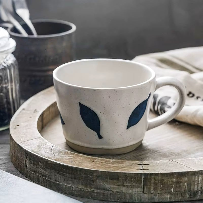 Blue Farmhouse Decor Leafy Craft Style Mug With Fall Leaves For Autumn Drinks And Rustic Home Accents