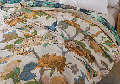 Colorful Flowers Birds And Butterflies Cotton Blanket Butterfly Grove Coverlet