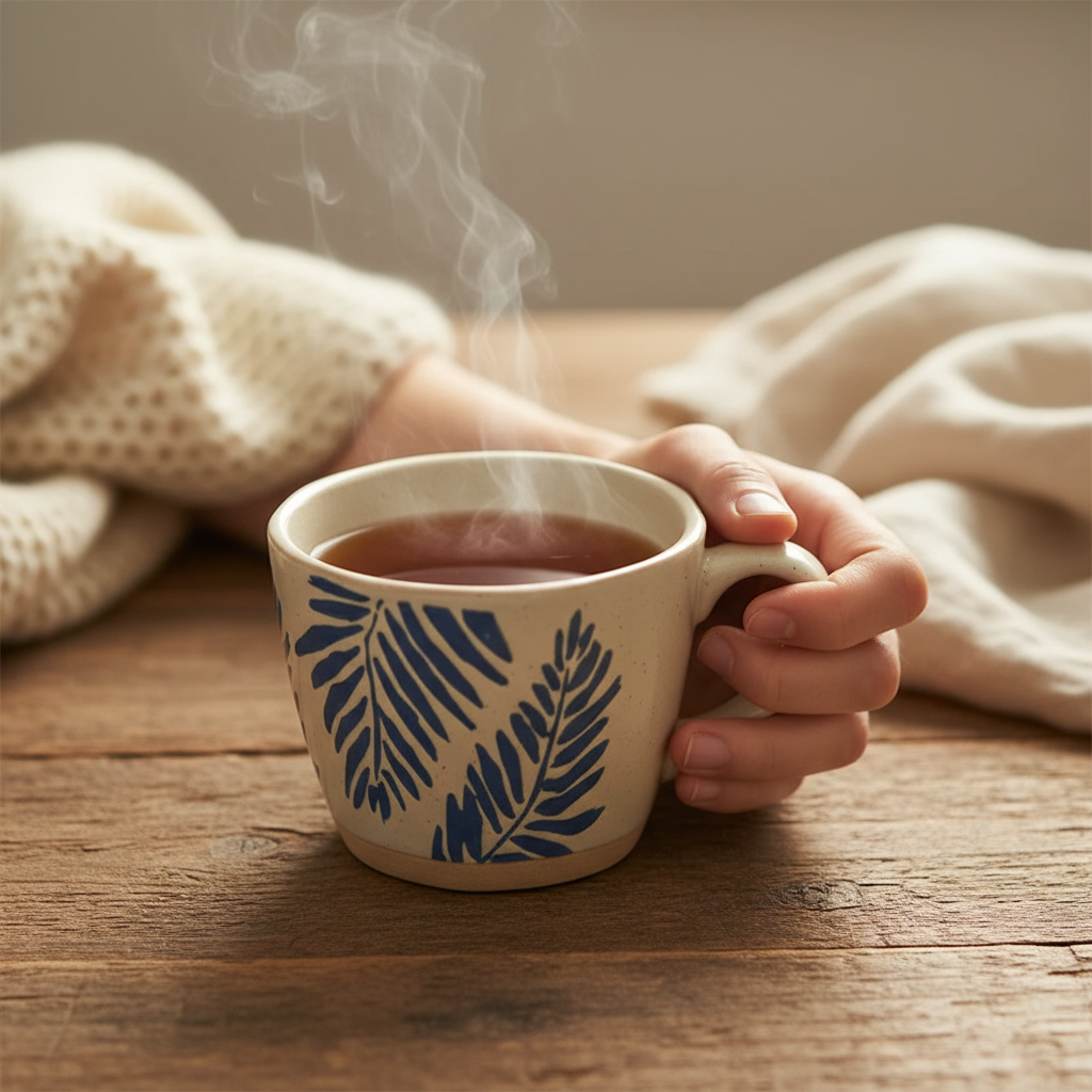 Cozy Hygge Vibes Hot Drink In Blue Garden Impressions Ceramic Mug Drinkware Pottery With Fern Plant Tropical Leaf Pattern