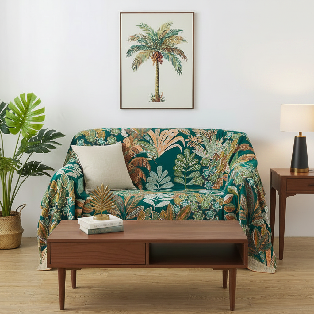 Summer Style Emerald Eden Dark Reversible Blanket Tropical Living Room Decor With Accents Cotton Fabric Sofa Throw