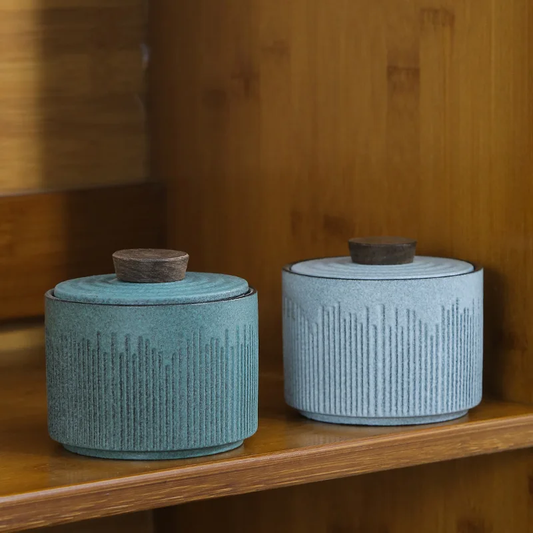 Evergreen Teal And Hoarfrost Blue Ceramic Kitchen Jars For Loose Leaf Tea And Food Storage Tahoe Style Home Decor