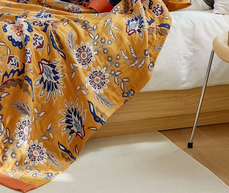 Colorful Flowery Cotton Quilt Bedding Yellow Regal Floral Coverlet Reversible Blanket