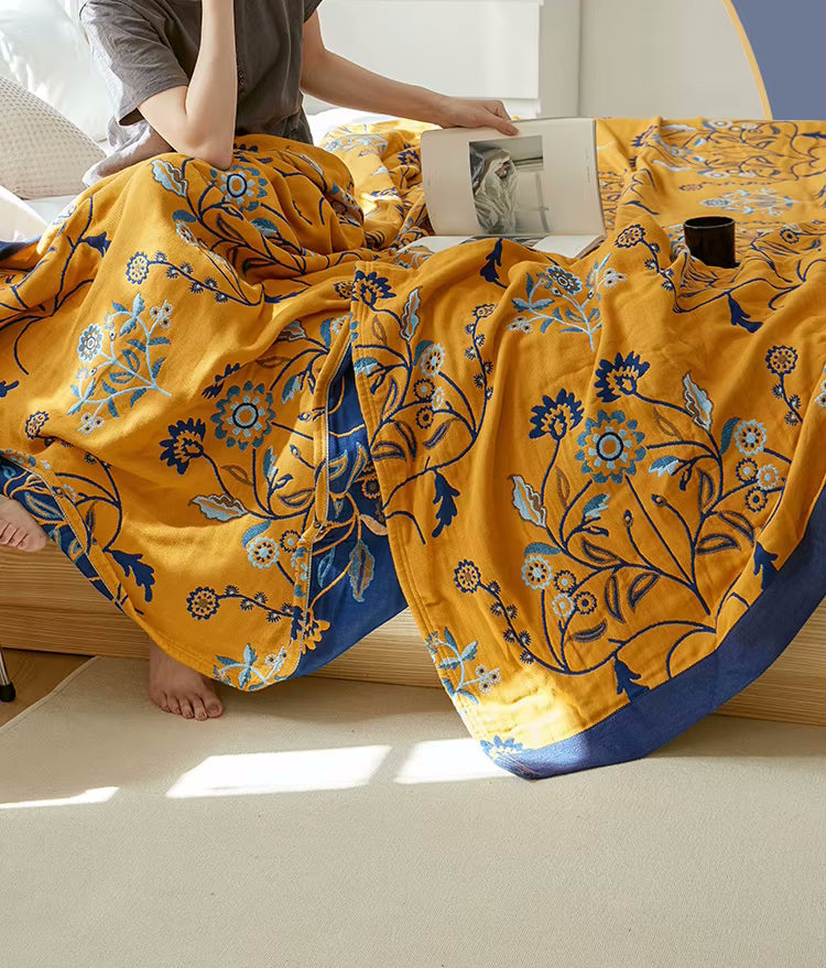 Reading In Bed With Colorful Quilt Reversible Regal Floral Pattern Coverlet