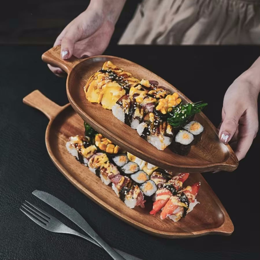 Serving Food On Wooden Kitchen Trays Acacia Leaf Shaped Wood Leaves