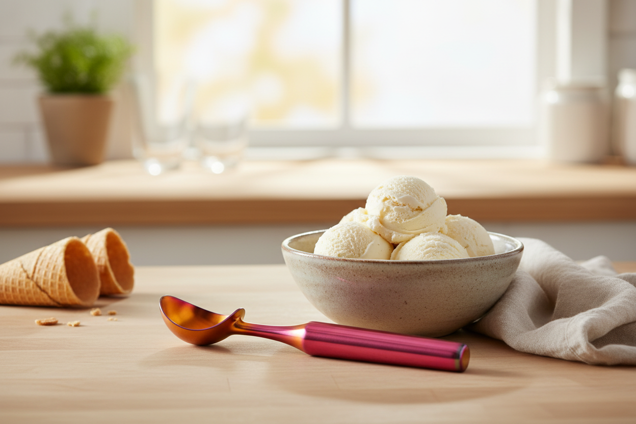 Sunset Color Gradient Ombre Utensil Ice Cream Scoop With Homemade Ice Cream