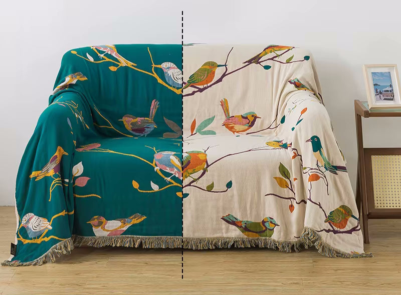 Two Sided Blanket Paradiso Birds Reversible Quilt Coverlet Throw With Fringe