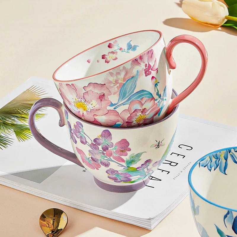 Pretty Watercolor Garden Ceramic Cups With Flower Patterns Painted Inside And Out Of Each Mug